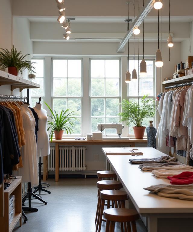 Et lyst og organisert skredderverksted med stoffruller og verktøy pent arrangert.