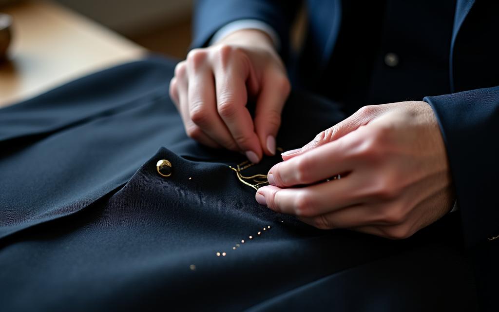 Et nærbilde av en skredder som jobber med en mørk dressjakke.