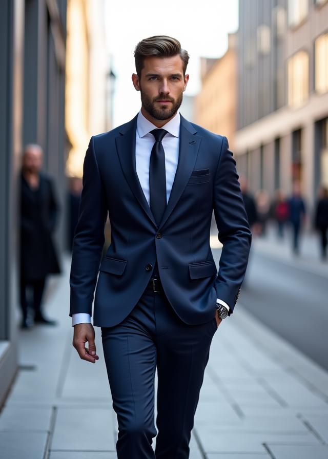 En mann i en skreddersydd marineblå dress som går i en moderne bygate i Oslo.