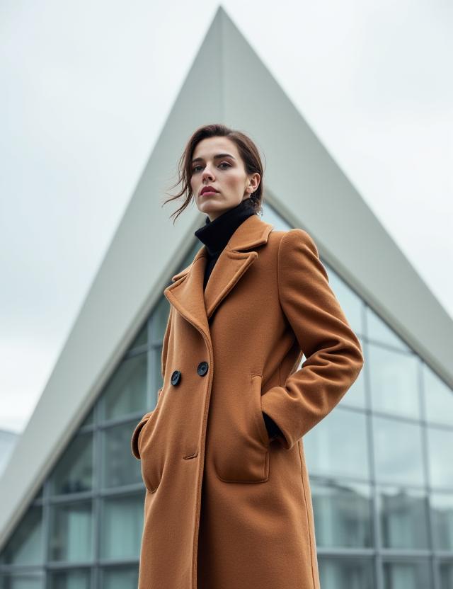 En modell iført en kamelfarget ullfrakk foran Operahuset i Oslo.