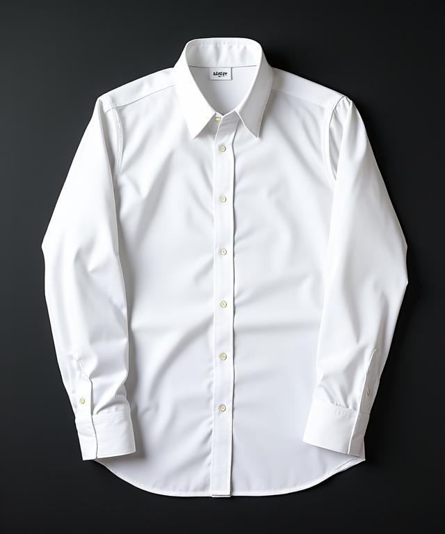 En perfekt strøket hvit bomullsskjorte fotografert flatt på en mørk bakgrunn.