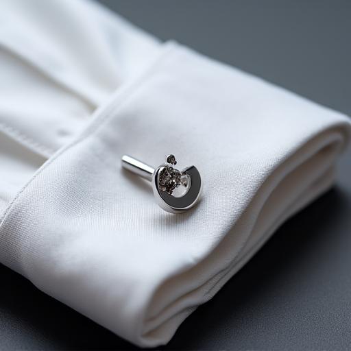 Makrobilde av en elegant sølvmansjettknapp på en hvit skjortemansjett.