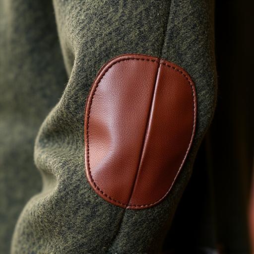 Nærbilde av teksturen til en grønn tweedjakke med en brun skinnalbulapp.