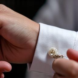 Nærbilde av en skredder som fester en knapp på en mansjett.