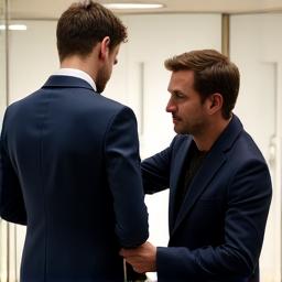 En kunde som prøver en uferdig jakke med synlige hvite tråklesting.