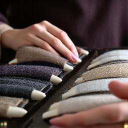 Hender som blar gjennom en bok med luksuriøse stoffprøver.