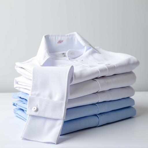 En rad med perfekt brettede designerskjorter.